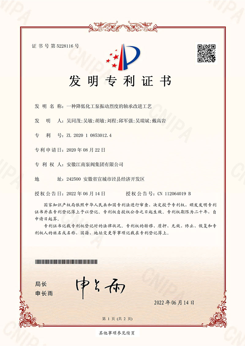 發明專利一種降低化工泵振動烈度的軸承改進工藝2022
